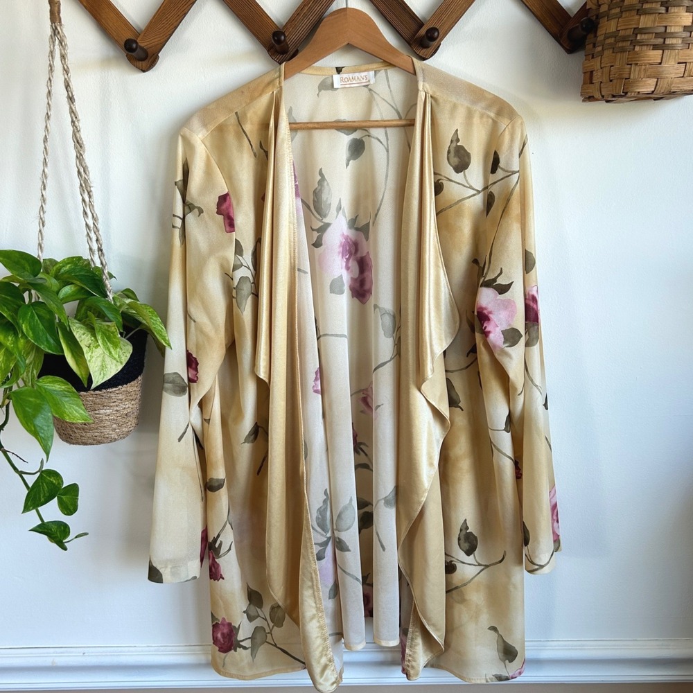 Vintage Roamans Yellow Floral Rose Print Sheer Open Front Draped Cardigan Jacket